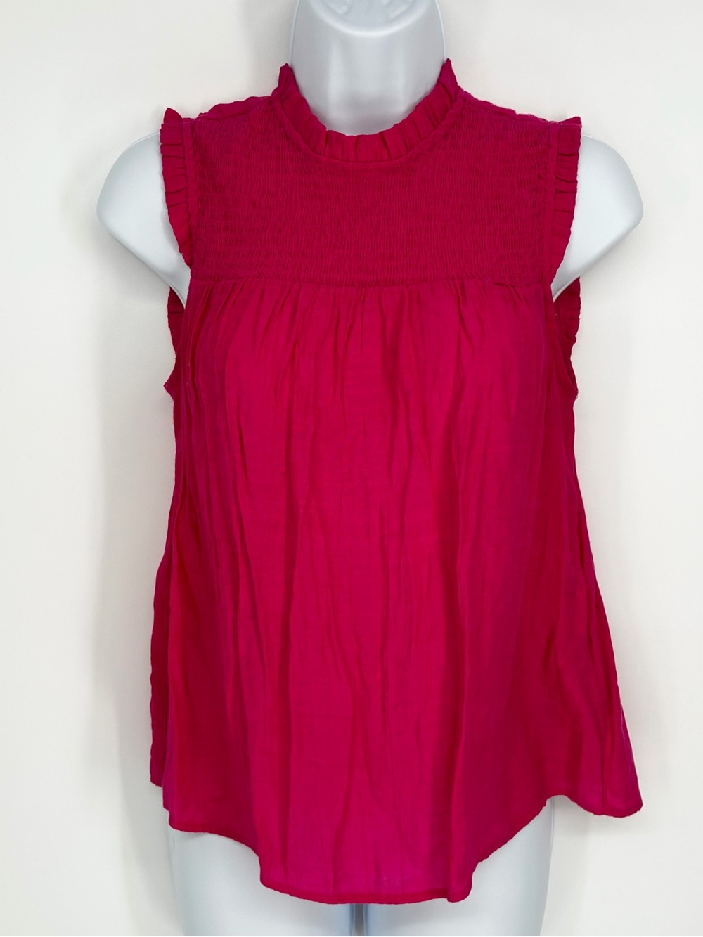 Nanette Lepore Hot Pink Smocked Mock Neck Ruffle Blouse Top Sz S